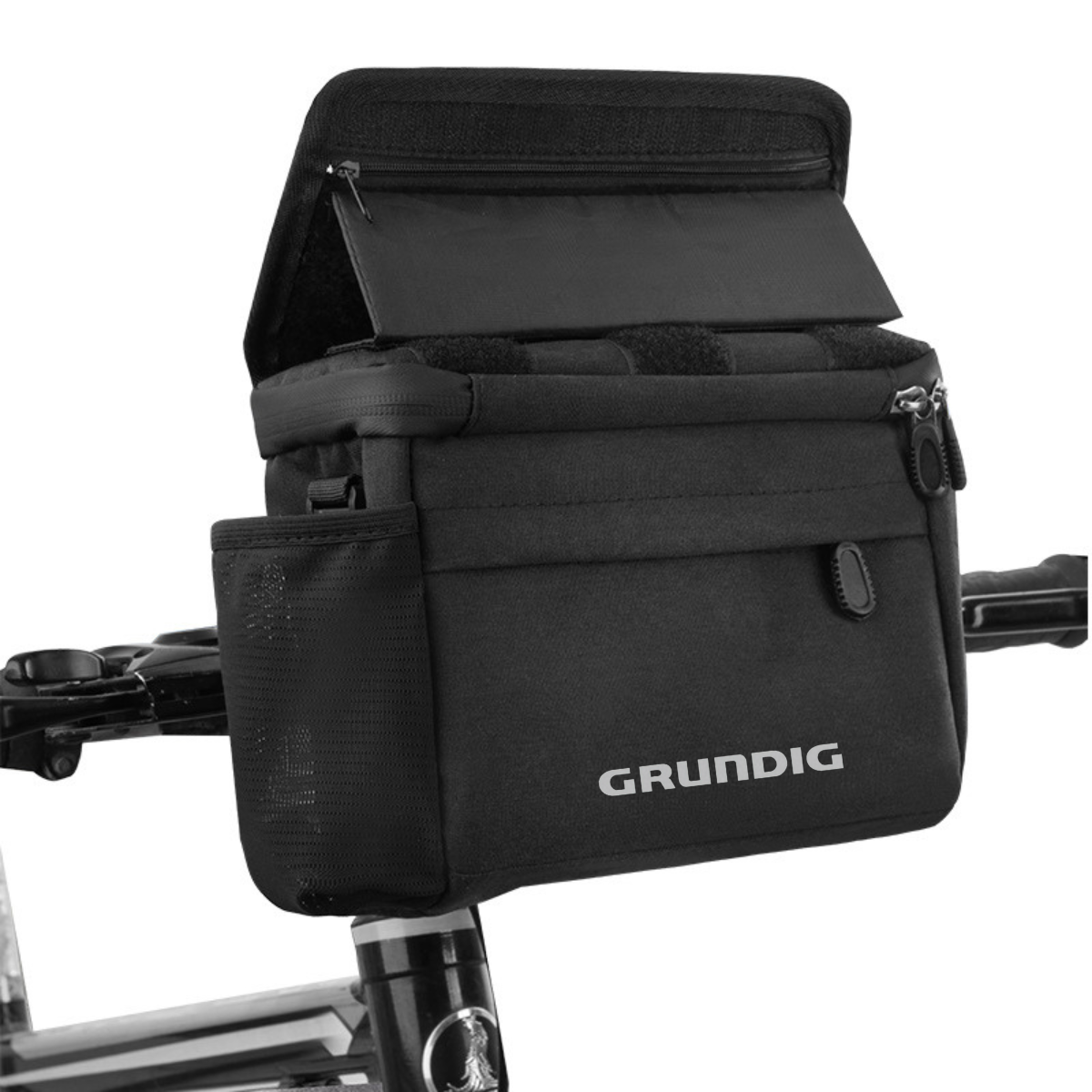 Front view of the 4L waterproof handlebar bag for bike, made from durable black TPU, featuring an insulated compartment for cool storage, Klickfix-compatible mount for easy attachment, and a stable phone holder for GPS use on rough roads