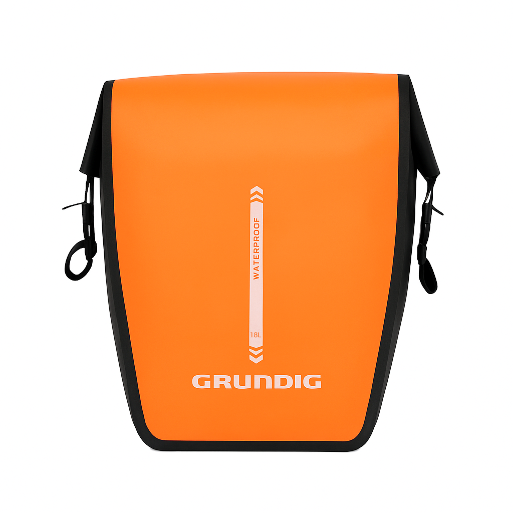  Front view of yellow Grundig 2.5L waterproof 500D pannier bag – durable roll-top bike storage|#Color_Orange