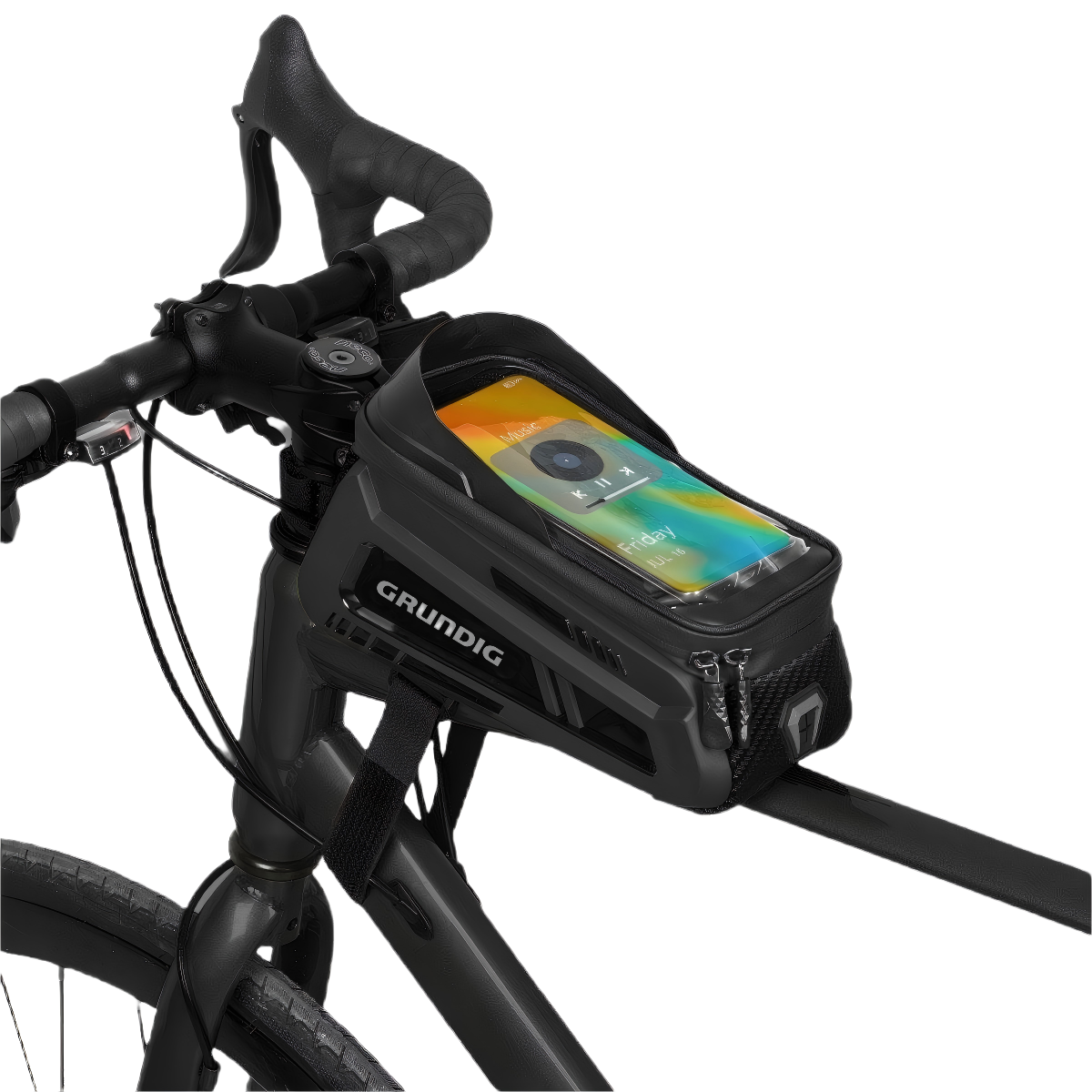 Black Waterproof Top Tube Bike Bag with Touchscreen Window in Use – Ideal for Navigation & Music During Cycling Adventures
