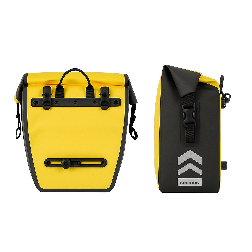 side and back view of orange Grundig 2.5L waterproof bike pannier bag – roll-top design with shoulder strap |#Color_Yellow