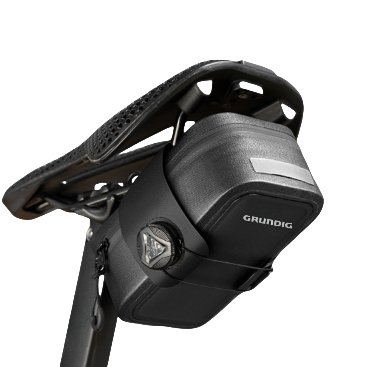 Black Grundig 0.5L waterproof saddle bag installed under bike seat – ideal for urban commuting and quick rides
