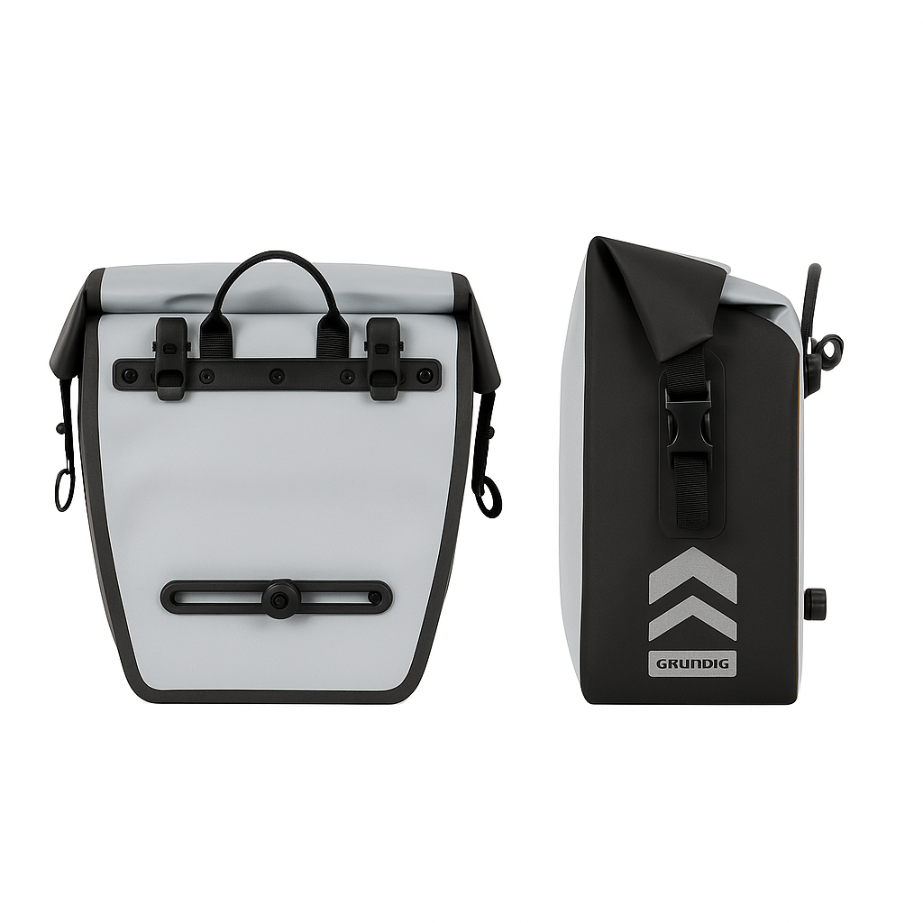 side and back view of orange Grundig 2.5L waterproof bike pannier bag – roll-top design with shoulder strap |#Color_Gray