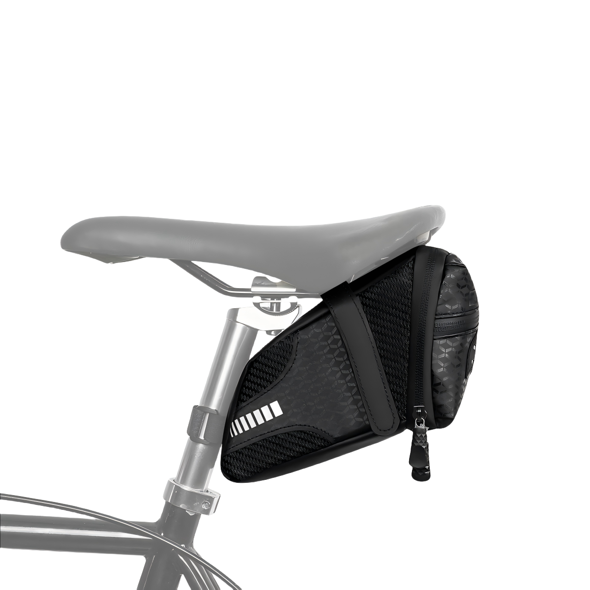 0.8L waterproof bike saddle bag with reflective strips, showcasing a sleek and compact design, perfect for urban commuters, tools, and small essentials storage