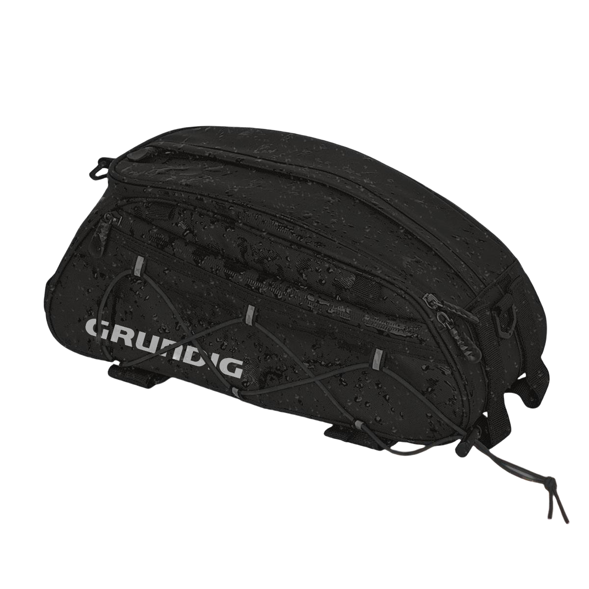 Waterproof demonstration of 10L bike pannier bag, showing water beads repelling off the hard shell surface