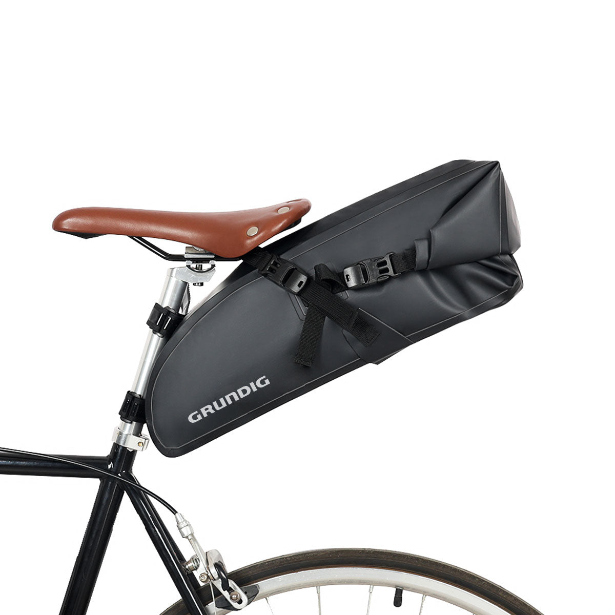 Grundig green 10L waterproof bike saddle bag mounted on bicycle designed for stability and enhanced visibility during night cycling, compatible with road, gravel, and mountain bikes|#Color_Schwarz