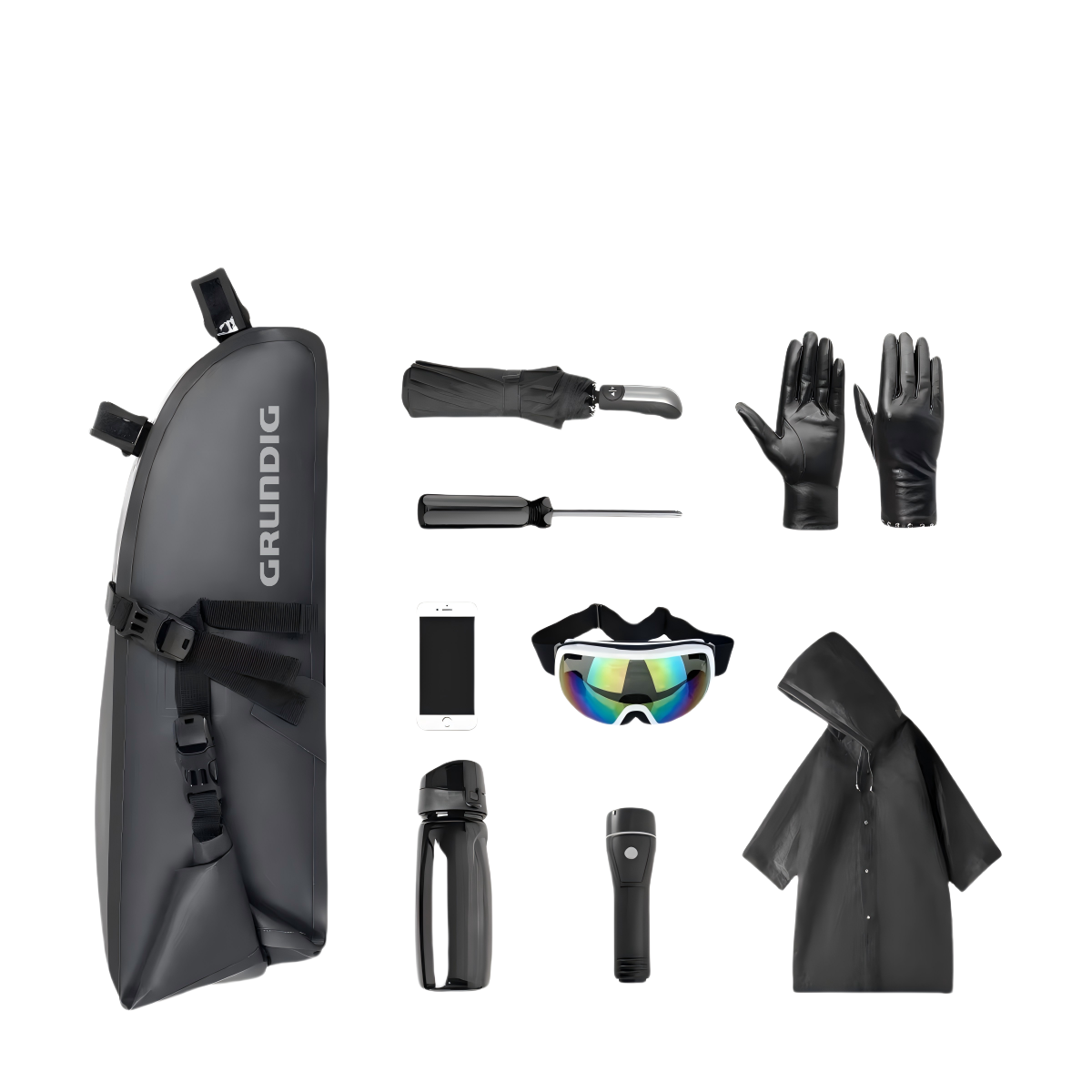 10L waterproof rear bike saddle bag showing capacity with items like a rain jacket, screwdriver, water bottle, flashlight, cycling glasses, phone, and umbrella neatly organized|