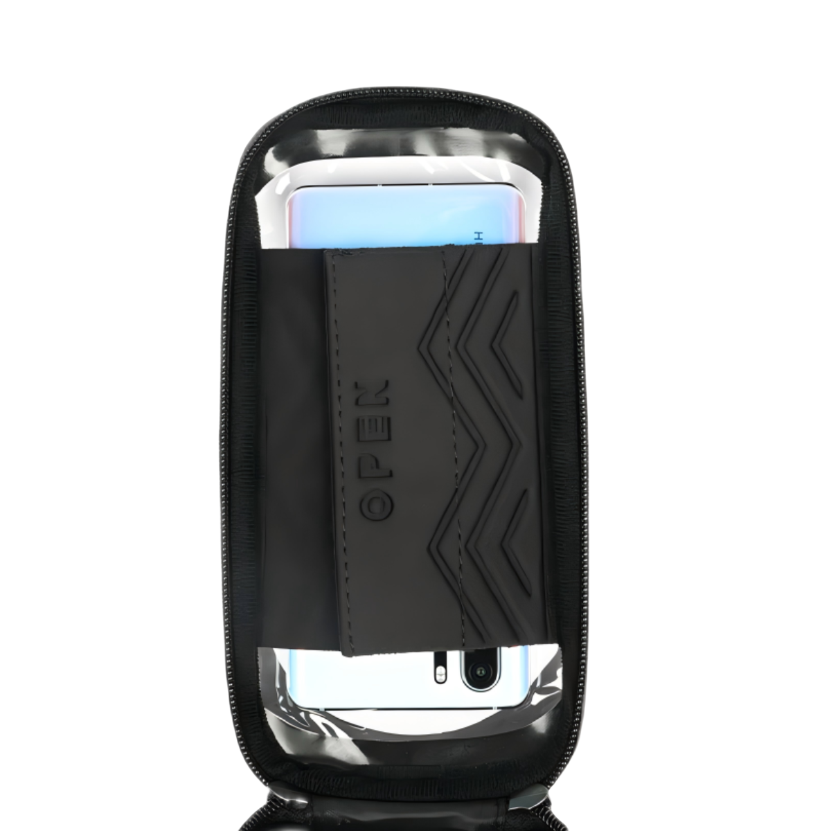 Interior view of Black Waterproof Bike Top Tube Bag with phone secured by Velcro strap – Touchscreen-ready storage for cycling
